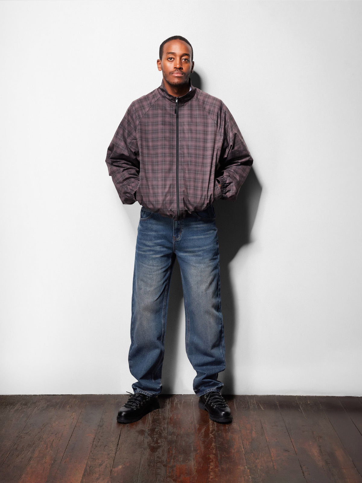 Plaid Nylon Jacket, Burgundy