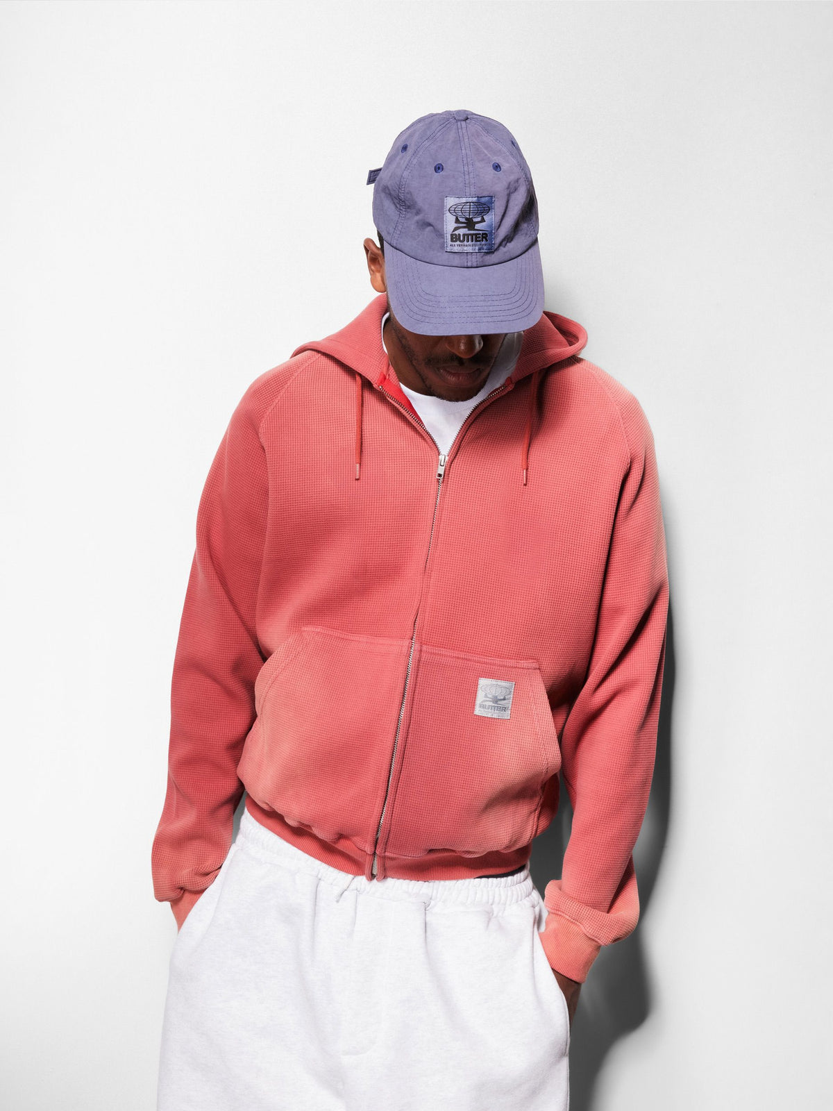 Faded Waffle Zip-Thru Hood, Washed Red