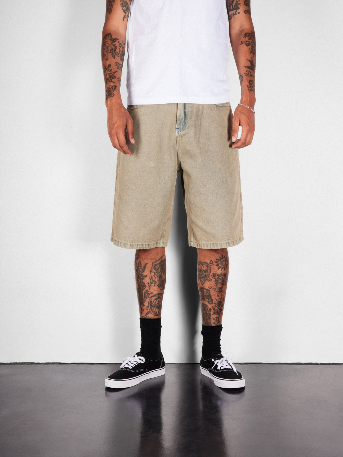 Serif Baggy Denim Shorts, Streaky Faded Black