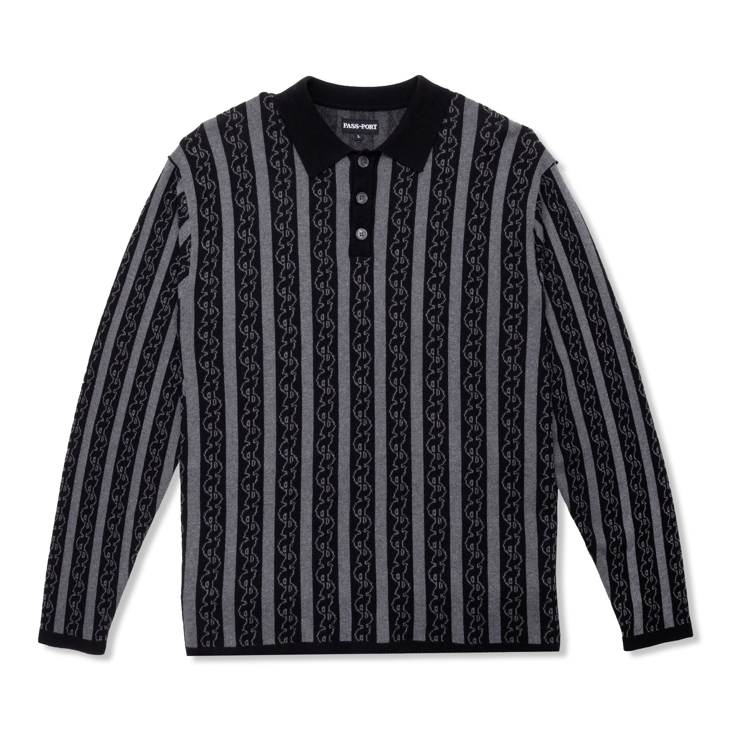 Pattoned Knit Logo L/S Polo, Black