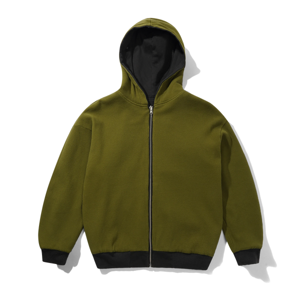 Butter Goods Reversible Waffle Zip-Thru Hood, Washed Black / Army