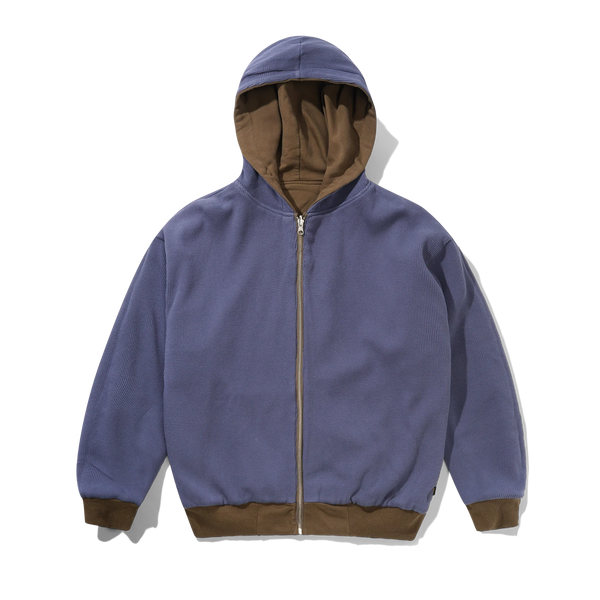 Butter Goods Reversible Waffle Zip-Thru Hood, Washed Brown / Navy