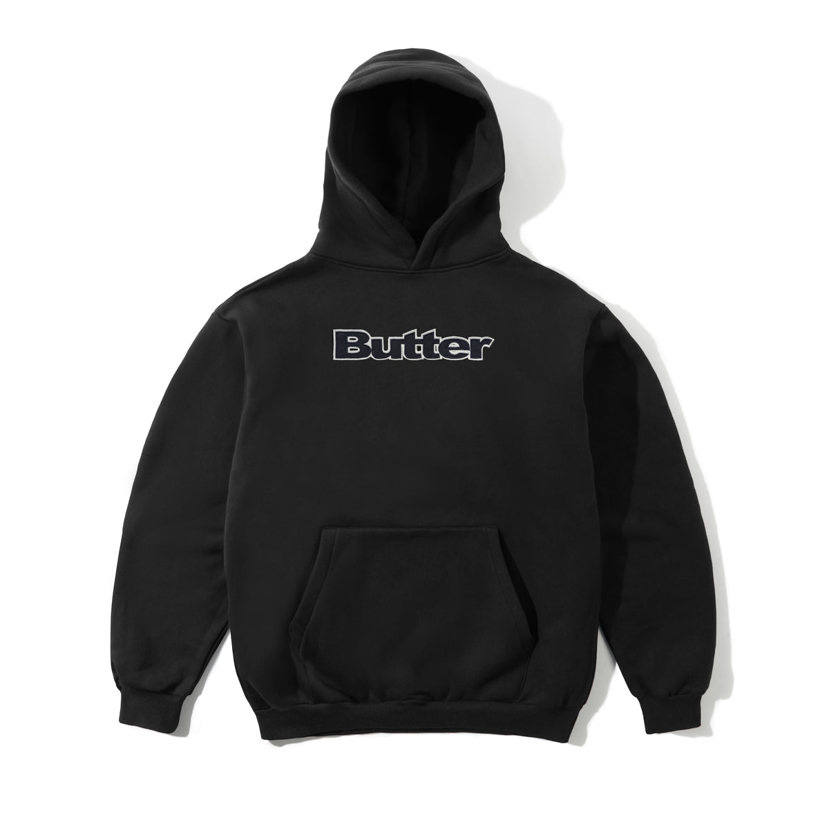 Satin Applique Pullover Hood, Black