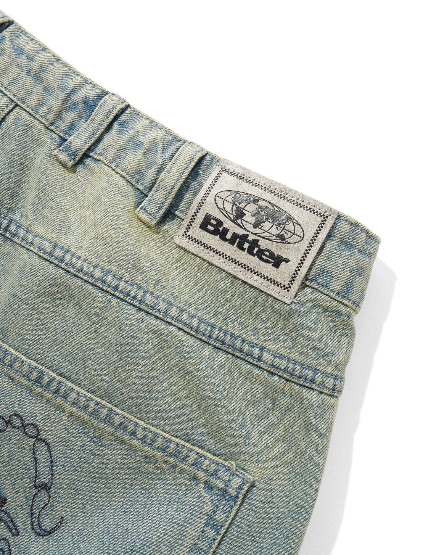 Scorpion Stitch Denim Shorts, Tinted Light Blue