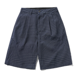 Seersucker Pleated Shorts, Navy Plaid