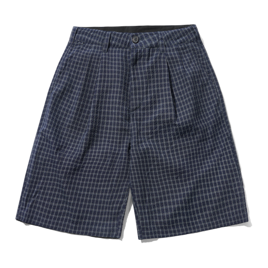 Seersucker Pleated Shorts, Navy Plaid