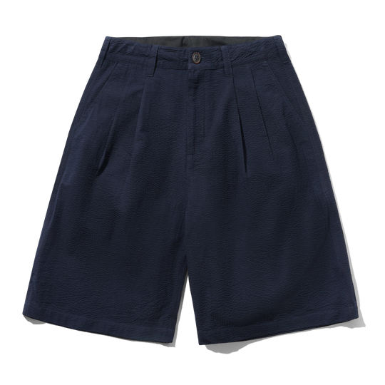 Seersucker Pleated Shorts, Overdyed Navy