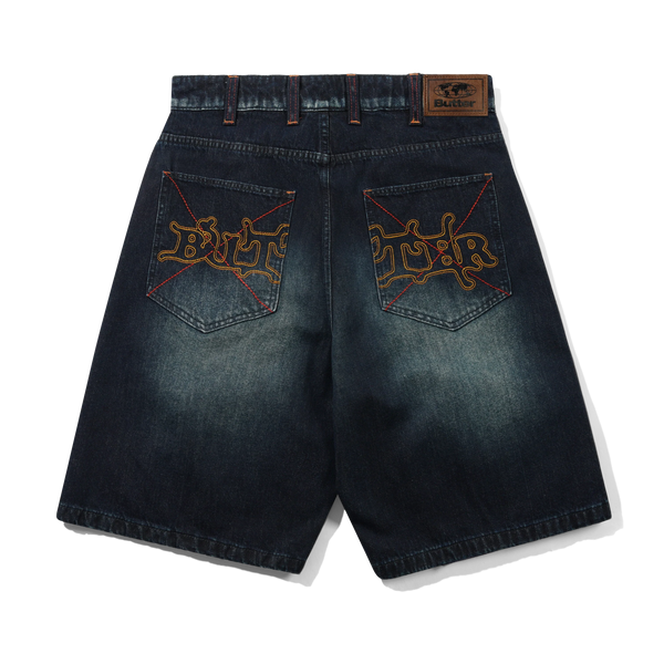 Butter Goods Serif Baggy Denim Shorts, Worn Dark Indigo