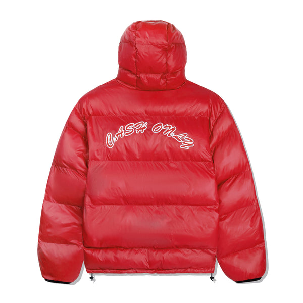 Cash Only Shiny Logo Hooded Puffer Jacket, Red