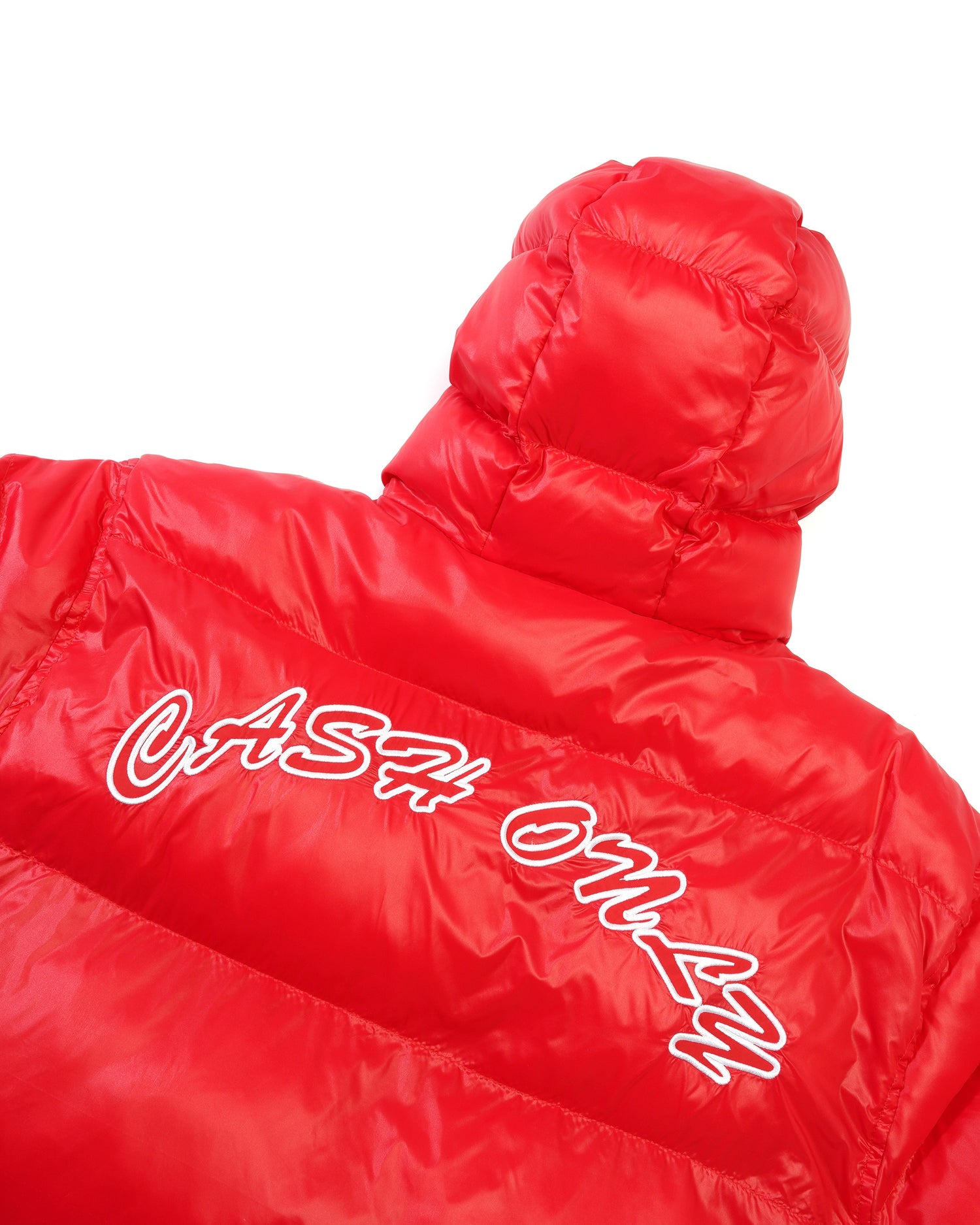 Shiny Logo Hooded Puffer Jacket, Red