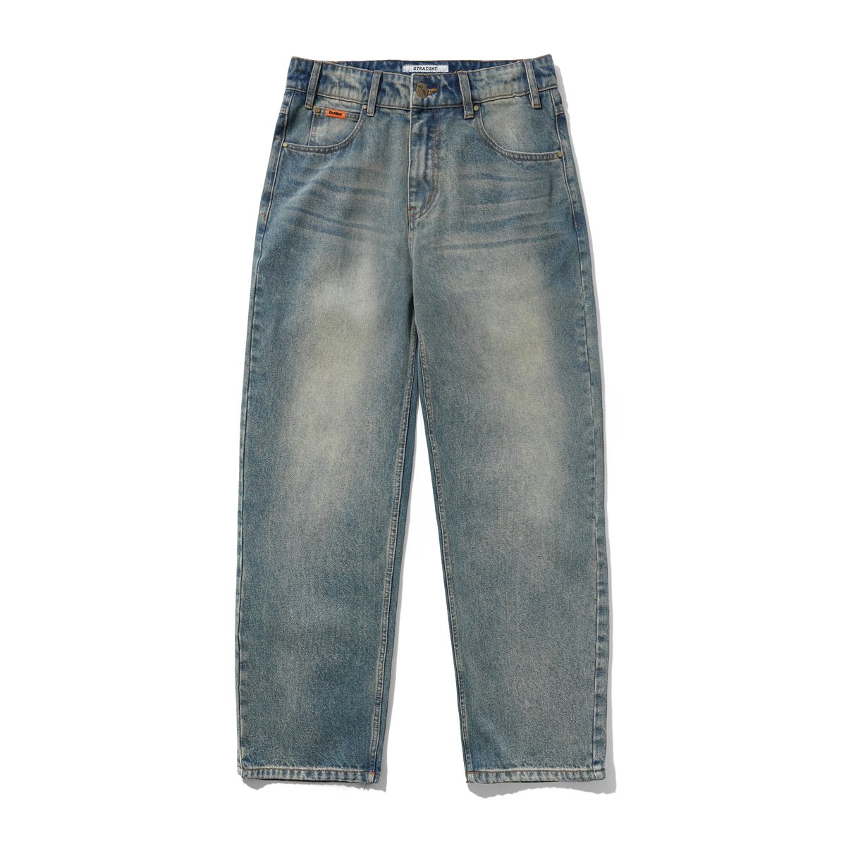 Straight Leg Denim Jeans, Distressed Mid Blue