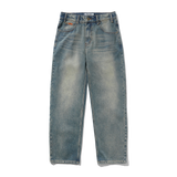 Straight Leg Denim Jeans, Distressed Mid Blue