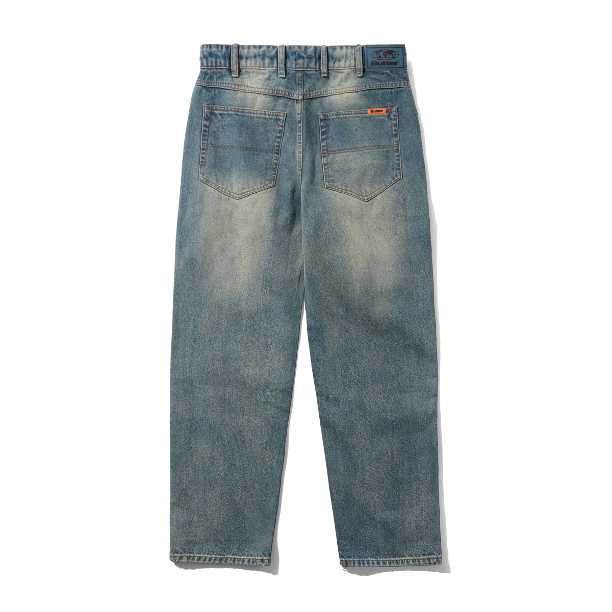 Straight Leg Denim Jeans, Distressed Mid Blue