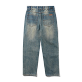 Straight Leg Denim Jeans, Distressed Mid Blue