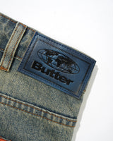 Straight Leg Denim Jeans, Distressed Mid Blue