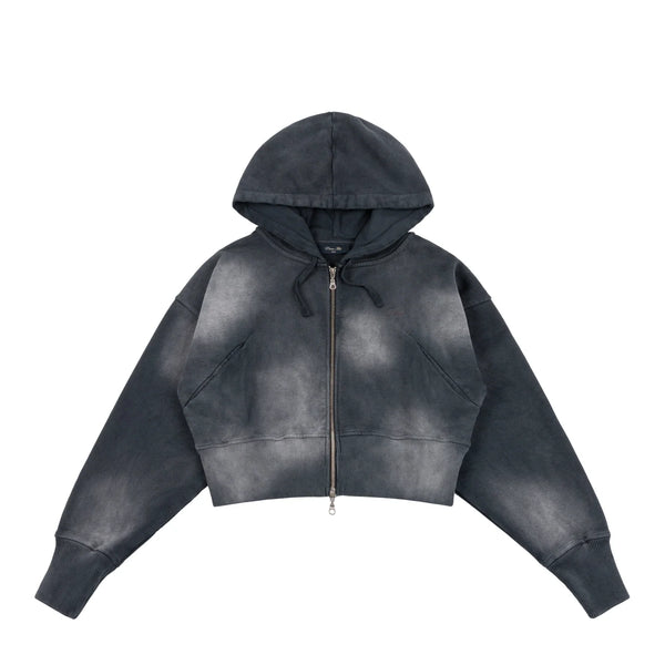 Dime Cropped Zip-Thru Pullover Hood, Black Washed