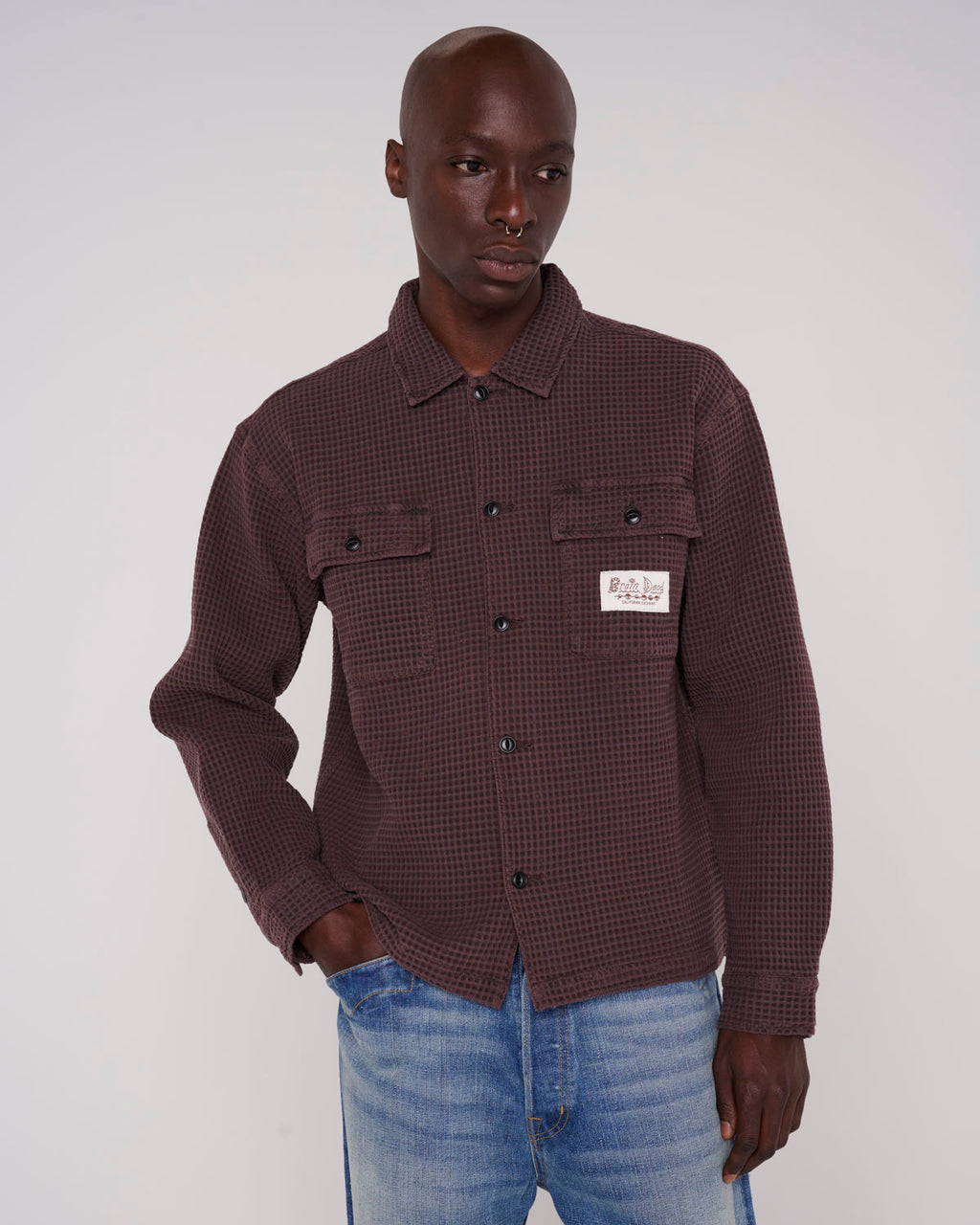 Waffle Button Front Shirt, Chocolate