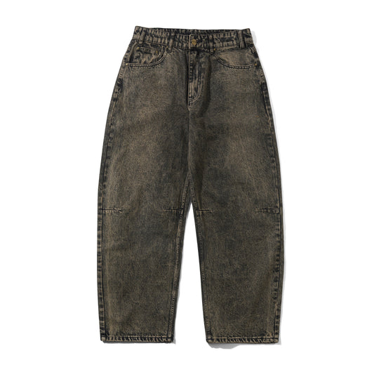 Wide Cut Denim Jeans, Acid Washed Brown