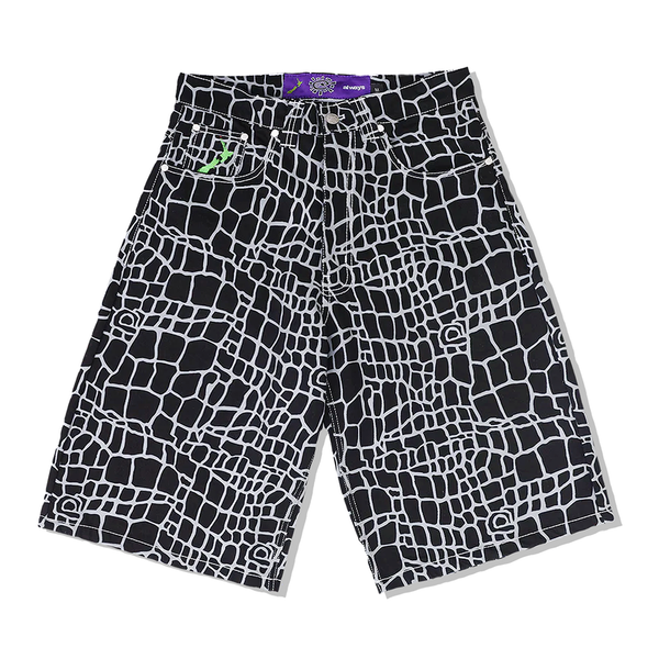 Always Do What You Should Do Croc Print Denim Shorts, Black