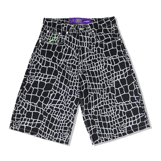 Croc Print Denim Shorts, Black