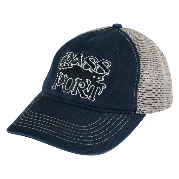 Pass~Port Slinkin" Leagues trucker Hat, Washed Navy