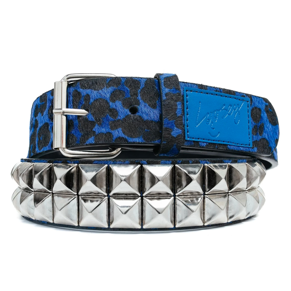 Loosey Studded Cheetah Belt, Blue