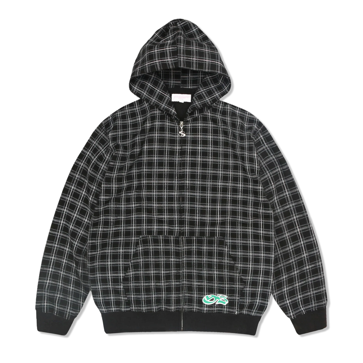 Check Waffle Zip-Thru Pullover Hood, Black