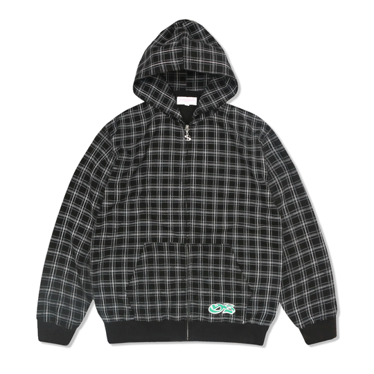 Check Waffle Zip-Thru Pullover Hood, Black