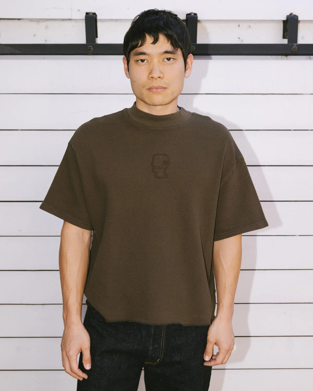 Boxy Thermal Mock Neck Tee, Brown