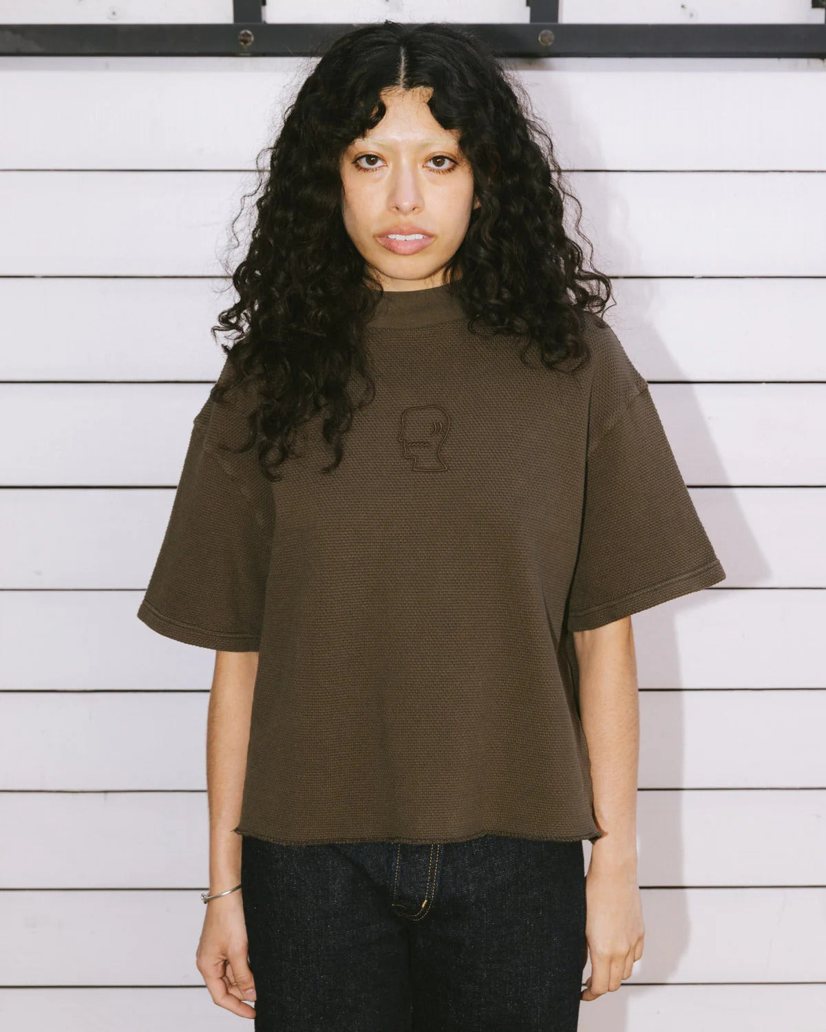 Boxy Thermal Mock Neck Tee, Brown