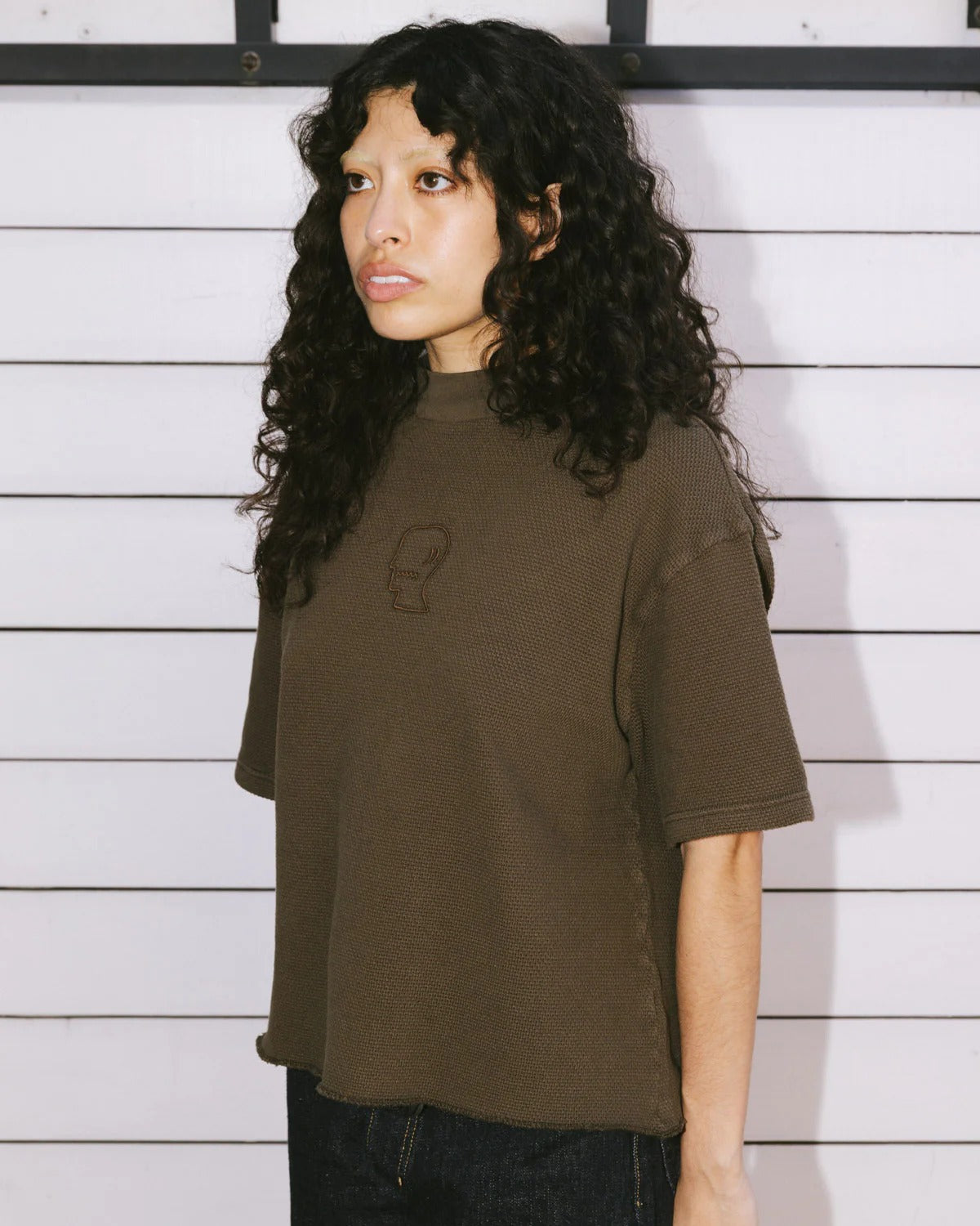 Boxy Thermal Mock Neck Tee, Brown