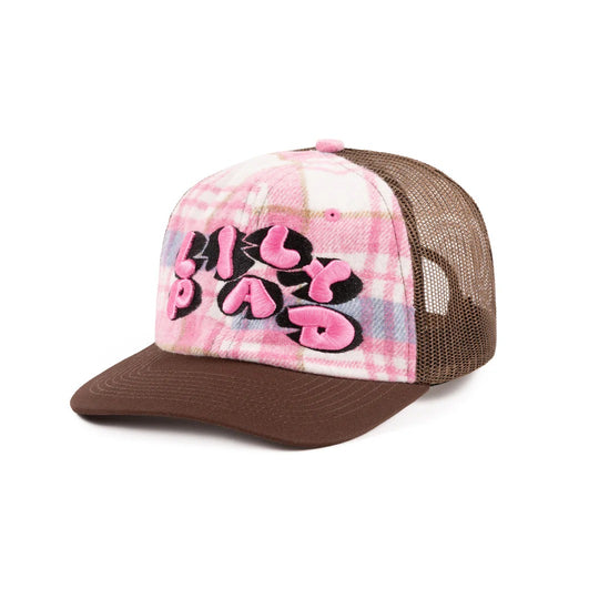 Lilypad Custom 6 Panel Unstructured Mesh Hat, Pink / Blue Flannel & Brown