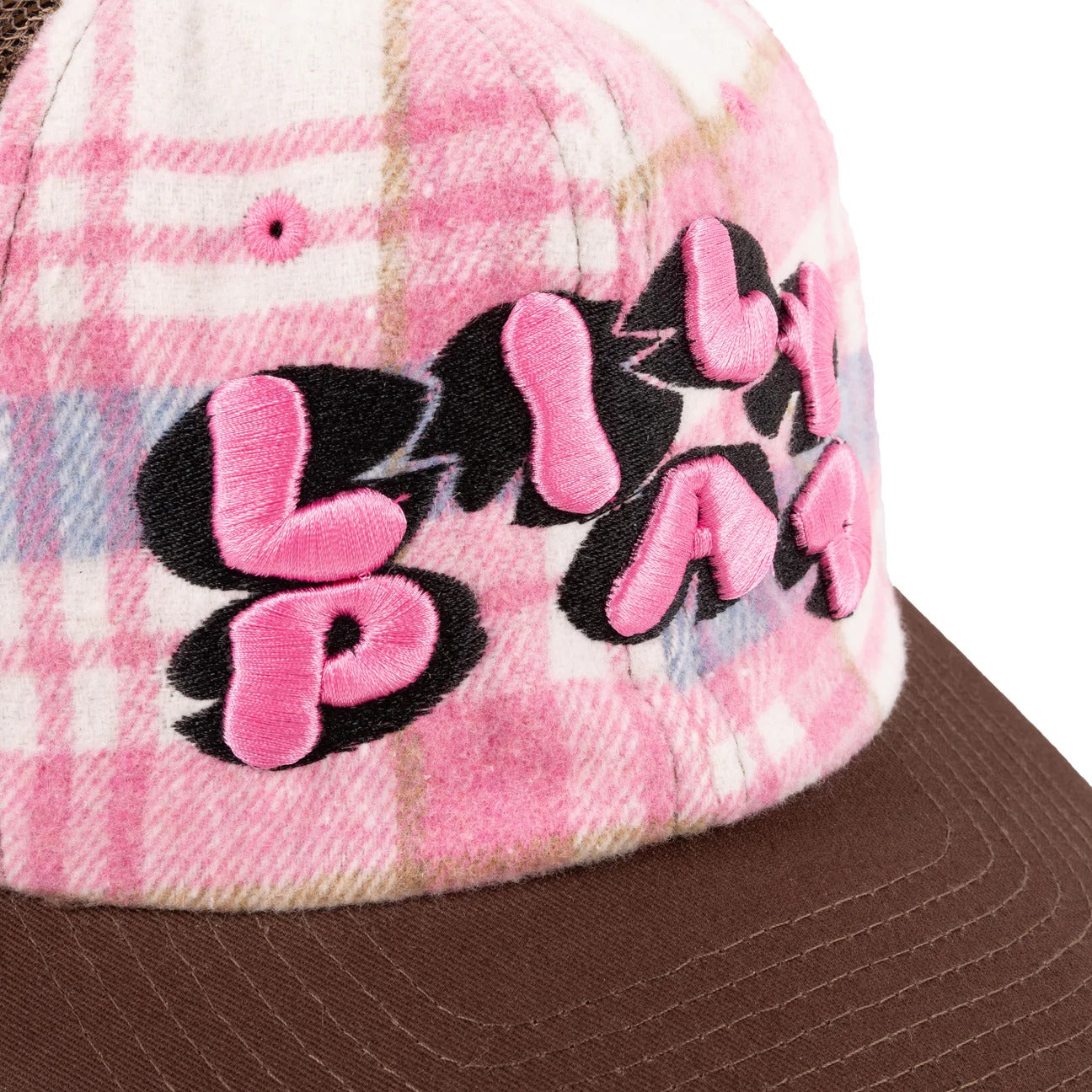 Lilypad Custom 6 Panel Unstructured Mesh Hat, Pink / Blue Flannel & Brown